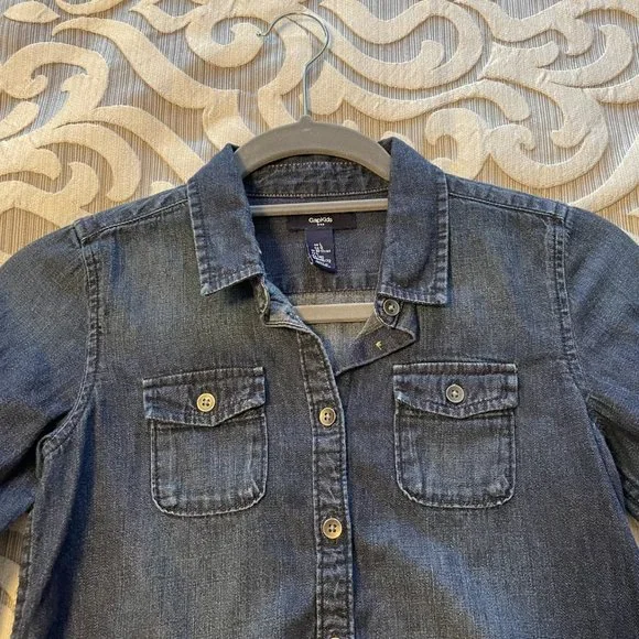 GAP Kids Girls Youth Dark Wash Denim Shirt Size Large Long Sleeves EUC - Picture 6 of 8